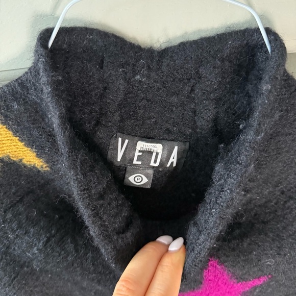 Veda Black Knit Turtleneck Sweater with Vibrant Stars Blue Yellow Red Pink - Picture 2 of 6